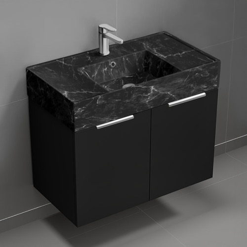 Nameeks DERIN1002 32 Inch Black Bathroom Vanity With Black Marble Design Sink, Floating, Modern